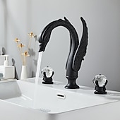 cheap Multi Holes-Widespread Bathroom Sink Mixer Faucet Swan Shape, Vintage Brass 3 Hole 2 Handle Basin Tap Deck Mounted, Washroom Basin Vessel Water Tap with Hot and Cold Hose