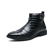 baratos Botas de vestir-Botas masculinas de couro sintético com padrão de crocodilo marrom, fivela e zíper lateral – botas sociais elegantes para uso formal e casual