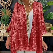 cheap Wedding Guest Wraps-Women&#039;s Plus Size Jacket Sequins Formal Party Open Front  Sparkle &amp; Shine 3/4 Sleeve Sequined Fall Wedding Guest Wraps With Glitter For Spring &amp; Summer Wedding Mother of Bride dress to impress 2025