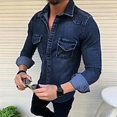 abordables camisas de mezclilla de los hombres-Hombre Camisa vaquera Color sólido Diario Viaje Azul Piscina Negro Azul claro Manga Larga Cuello Primavera &amp; Otoño Ropa Abotonar