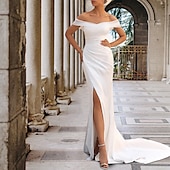 economico abiti da sposa casual-Abiti da sposa casual in sala abito aderente spalle scoperte maniche a cappuccio strascico cortile abiti da sposa in raso con spacco frontale drappeggiato laterale
