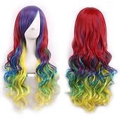 economico Parrucche da festa-parrucca cos parrucca 80 cm capelli ricci lunghi capelli ricci multicolori in seta ad alta temperatura parrucche anime di halloween