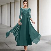 billiga Golvlängd-A-linjeformad klänning för brudens mor bröllopsgäst elegant plus size juvelhals ankellängd chiffong spets 3/4 längd ärm med ruched paljetter applikationer gratis anpassad storlek