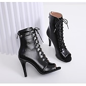 preiswerte Tanzstiefel-Schwarze Tanzstiefel mit Schnürung und Peep-Toe für Damen mit Stilettoabsatz, stylische High Heels für Standard- und lateinamerikanische Tänze