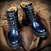 preiswerte Stiefeletten-Blaue Stiefeletten aus Lackleder mit Python-Print und Schnürung für Herren – auffällige Hochglanzstiefel für modische Freizeit- und Abendlooks
