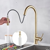 abordables Mitigeurs avec spray-Robinet mitigeur d&#039;évier de cuisine avec pulvérisateur extractible, robinet de récipient rotatif en acier inoxydable, robinet de pulvérisation en mode pluie/cascade, robinet de robinet de cuisine noir et argent avec distributeur de savon