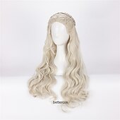 baratos Perucas de personagens de filmes-Casa do Dragão Daenerys Targaryen Peruca Longa Cacheada Dragão da Mãe Cabelo Sintético Resistente ao Calor Peruca Cap Perucas de Halloween
