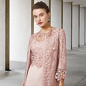 cheap With Jacket-Two Piece Sheath Mother of the Bride Dress Church Elegant Jewel Neck Knee Length Chiffon Lace Short Sleeve Jacket Dresses with Appliques free custom size