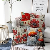 cheap Floral &amp; Plants Style-Set of 4 Artistic Flowers Square Decorative Throw Pillow Cases Sofa Cushion Covers  Home Sofa Decorative  Faux Linen Cushion Cover for Sofa Couch Bed Chair Red
