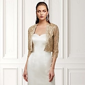 billige bryllup gjesteomslag-Kvinners Wrap Funkle Bolero Elegant  Luksuriøs Glans 3/4 Lengde Ermer Paillett Bryllupsgjester Wraps Med Paillett Bryllup Vår  Høst antrekk å imponere