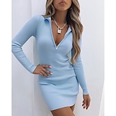 cheap Sweater Dress-Women&#039;s Valentine Sweater Dress Knit Dress Jumper Dress Mini Dress Knitwear Stylish Sexy Pure Color Winter Dress Date Fall Dress Shirt Collar Long Sleeve Zipper Knit 2023 Regular Fit Black White Red