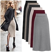 abordables Jupes unies-Femme Jupe Crochet Jupes de travail Mode basique Décontractées Midi Jupes Couleur Pleine Fendu Tricot Bureau / Carrière Plein Air caramel Noir Vin Kaki Automne Laineux