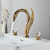 cheap Multi Holes-Widespread Bathroom Sink Mixer Faucet Swan Shape, Vintage Brass 3 Hole 2 Handle Basin Tap Deck Mounted, Washroom Basin Vessel Water Tap with Hot and Cold Hose