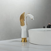 cheap Classical-Antique Bathroom Sink Mixer Faucet, Washroom Basin Taps Brass Swan Shape Copper Electroplated Finish Vintage Style Single Handle One Hole Water Taps with Cold Hot Hose
