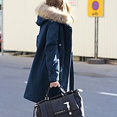 billige Vinter Parka-Dame Vinterfrakk Vinterjakke Parkas Vindtett Hold Varm Glidelås Lomme Pelskrage Fleece Lined Elegant og moderne Fritid hverdag Gate stil Helfarge utendørs Feriereise Valentinsdag Gate Glidelås Lang