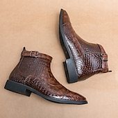 baratos Botas de vestir-Botas masculinas de couro sintético com padrão de crocodilo marrom, fivela e zíper lateral – botas sociais elegantes para uso formal e casual