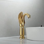 cheap Classical-Antique Bathroom Sink Mixer Faucet, Washroom Basin Taps Brass Swan Shape Copper Electroplated Finish Vintage Style Single Handle One Hole Water Taps with Cold Hot Hose