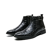 baratos Botas de vestir-Botas masculinas de couro sintético com padrão de crocodilo marrom, fivela e zíper lateral – botas sociais elegantes para uso formal e casual