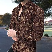 billige Etnisk mønster-Herre Blomstret Skjorte Boho skjorte Skjorte med knapper Langermet Mote Designer Fritid utendørs Avslappet Daglig Sommer Vår Aftæpning Trykt mønster Knapp ned Svart Militærgrønn Rød Navyblå