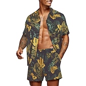 お買い得  メンズプリントシャツセット-男性用 グラフィック シュロの葉 熱帯植物 2個 シャツセット アロハシャツ 半袖 ショートパンツ 折襟 デザイナー ビーチスタイル バケーション カジュアル 日常 3D 夏 シルバー レッド-ホワイト グリーン-ブラック