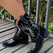 cheap Cowboy &amp; Western Boots-Women&#039;s Vintage Suede Cowboy Boots - Comfortable Western Style Mid-Calf Boots for Outdoor and Casual Wear