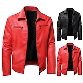preiswerte Kunstlederjacke-Herren Kunstlederjacke übergangsjacke Bikerjacke Rote Lederjacke Party Alltagstauglich Thermowarm Winddicht Kunstpelzbesatz Herbst Einfarbig Punk Mode Revers Regulär Kunstleder Schlank Schwarz Rote
