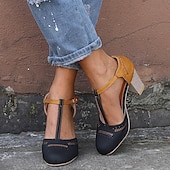 billige Block Heels-kvinners blå og gule tofargede t-remsko med hæl for vintage og fritidsklær