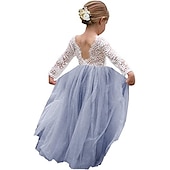 billiga Brudnäbbsklänningar-Barn flickors blommig klänning strandbröllop avslappnad tulle klänning fest rynkad mesh spets grön vit blå maxi lång ärm prinsessan söta klänningar festklänning online vanlig passform 4-13 år klänning