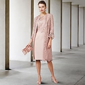 cheap With Jacket-Two Piece Sheath Mother of the Bride Dress Church Elegant Jewel Neck Knee Length Chiffon Lace Short Sleeve Jacket Dresses with Appliques free custom size
