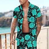 cheap Men&#039;s Printed Shirts Sets-Men&#039;s Rose Floral 2pcs Shirts Sets Summer Hawaiian Shirt Short Sleeve Short Pants Turndown Fashion Hawaiian Designer Outdoor Vacation Beach 3D Print Button-Down Summer Spring Yellow Red Purple