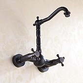cheap Kitchen Faucets-Retro Style Utility Sink Black Laundry Faucet, Wall Mount High Arc Two Handles Two Holes Wash Basin Tap with Hot and Cold Water Hoses, Laundry Tub Pot Filler Commercial Faucet