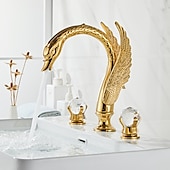 cheap Multi Holes-Widespread Bathroom Sink Mixer Faucet Swan Shape, Vintage Brass 3 Hole 2 Handle Basin Tap Deck Mounted, Washroom Basin Vessel Water Tap with Hot and Cold Hose