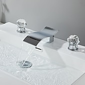 cheap Multi Holes-Bathroom Sink Faucet with Two Crystal Knob Handles Waterfall Matte Black/Chrome Deck Mounted Widespread 3 Holes Bathroom Faucets for Bathtub or Sink