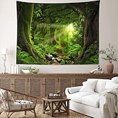 preiswerte Landschaftsteppich-Landschaft groß Wandteppich Baum Höhle Natur Wandteppich Wandbehang nebliger Baum Wandteppich Dschungel Bach Wandteppich Sonnenschein durch Baum für Schlafzimmer Wohnzimmer Wandtuch XXL Natur