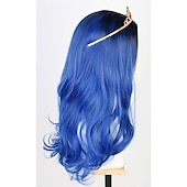cheap Party Wigs-Kids Girls Topcosplay Blue Wig Long Wavy Carnival Costume Cosplay Wig with Black Roots for Dress Up Party