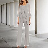 economico Tailleur pantalone della mamma-Tuta  Completo a due pezzi madre della sposa Ospite formale Chiesa Elegante Taglie comode Collo a scoop Lunghezza a terra Chiffon Pizzo Senza maniche con perline Ruffles per impressionare 2025 misura