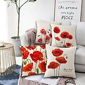 cheap Floral &amp; Plants Style-Set of 4 Artistic Flowers Square Decorative Throw Pillow Cases Sofa Cushion Covers  Home Sofa Decorative  Faux Linen Cushion Cover for Sofa Couch Bed Chair Red