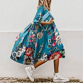 abordables Robes de vacances-Femme Robe mi-longue Robe Évasée robe boheme Décontractées Bohème Extérieur Vacances du quotidien Standard Floral Manches 3/4 Col Rond Blanche Jaune Rouge Bleu Eté Printemps