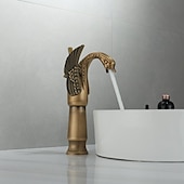 cheap Classical-Antique Bathroom Sink Mixer Faucet, Washroom Basin Taps Brass Swan Shape Copper Electroplated Finish Vintage Style Single Handle One Hole Water Taps with Cold Hot Hose