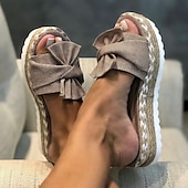 baratos Sandálias de Férias-sandálias plataforma femininas alpargatas brancas com laço – sandálias casuais de verão com salto plataforma e sola de juta trançada