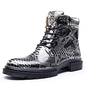 preiswerte Stiefeletten-Blaue Stiefeletten aus Lackleder mit Python-Print und Schnürung für Herren – auffällige Hochglanzstiefel für modische Freizeit- und Abendlooks