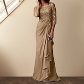 voordelige Vloerlengte-Sheath Moeder van de Bruid Jurk Elegante Bateau Hals Vloerlengte Chiffon Kant 3/4 Lengte Mouw met Kant vrije aangepaste maat