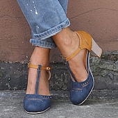 billige Block Heels-kvinners blå og gule tofargede t-remsko med hæl for vintage og fritidsklær