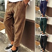 cheap Slim-Men&#039;s Corduroy Pants Winter Pants Trousers Cropped Pants Casual Pants Drawstring Elastic Waist Straight Leg Solid Color Comfort Warm Casual Daily Streetwear Sports Fashion Loose Fit Black Blue