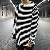 cheap Basic T shirts-Men&#039;s T Shirt Long Sleeve Shirt Long Sleeve Crew Neck Spring Fall Striped Lightweight Casual Comfortable Vacation Casual Weekend Black White Top Tee for Men