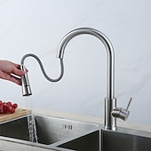 abordables Grifería de cocina-Grifo monomando para fregadero de cocina con rociador extraíble de acero inoxidable, grifos de cocina extraíbles de un solo mango giratorios 360 montados en cubierta