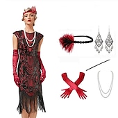 billige 1920-talls kjoler-De livlige 20-årene 1920-tallet Cocktail Kjole Knelengde Flapper kjole Kjoler Drakter Ermeløs Den store Gatsby Charleston Store størrelser Dusk Fjær V-hals Kostyme Dame Karneval Nytt År Maskerade