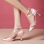 abordables Chaussures de bal, de danse moderne-chaussures de danse de salon en satin pour femme - talons en strass rose avec bride à la cheville pour la salsa et la danse latine