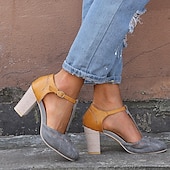 billige Block Heels-kvinners blå og gule tofargede t-remsko med hæl for vintage og fritidsklær