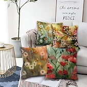 cheap Floral &amp; Plants Style-Set of 4 Artistic Flowers Square Decorative Throw Pillow Cases Sofa Cushion Covers  Home Sofa Decorative  Faux Linen Cushion Cover for Sofa Couch Bed Chair Red